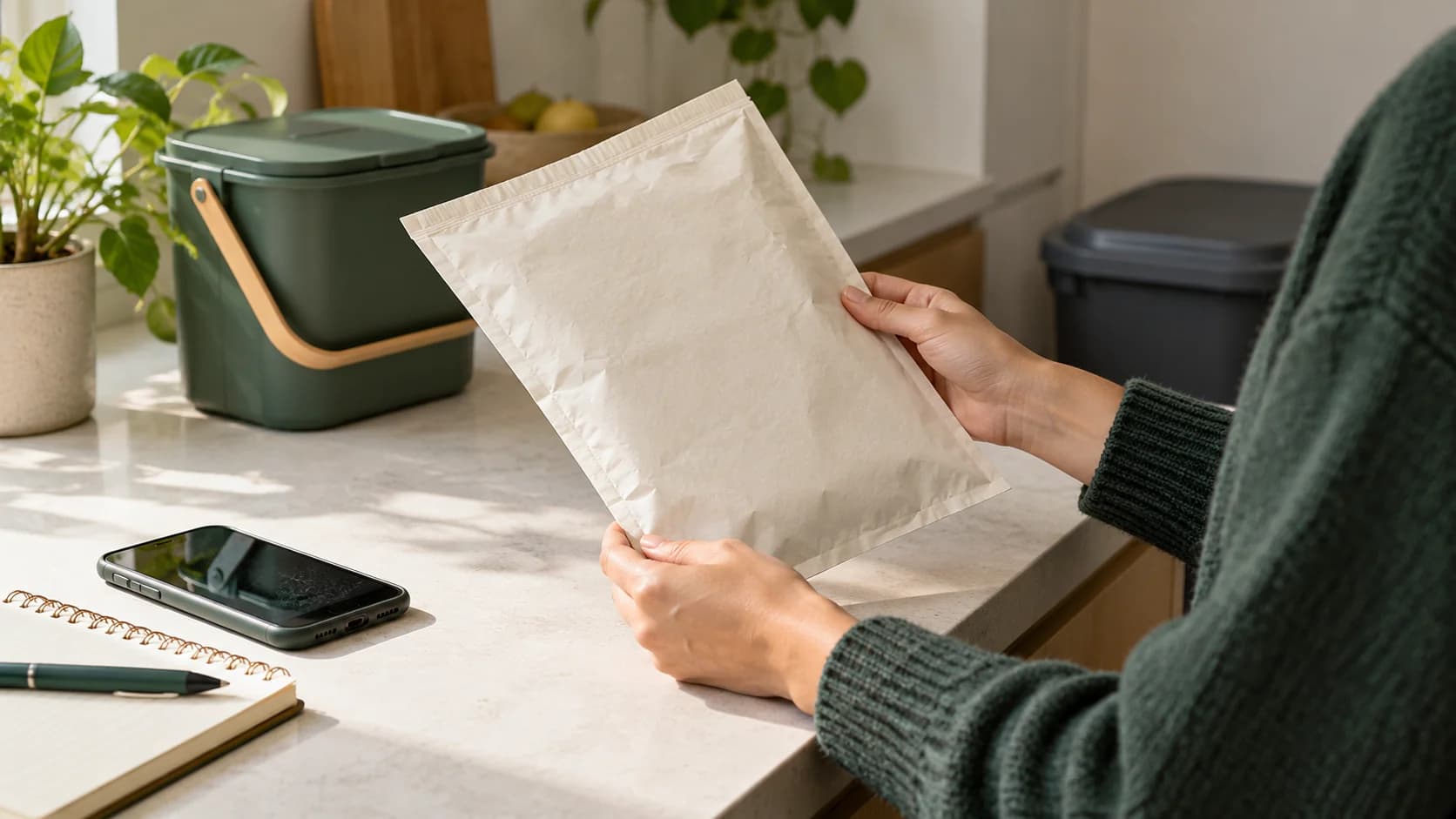 Person examining a plain flexible package with two unlabelled containers in the background.